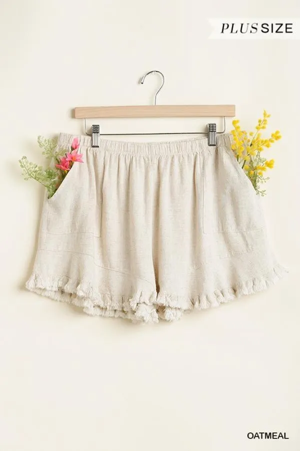 Ruffle-Trim Linen Shorts with Elastic Waist in Plus Size by Umgee